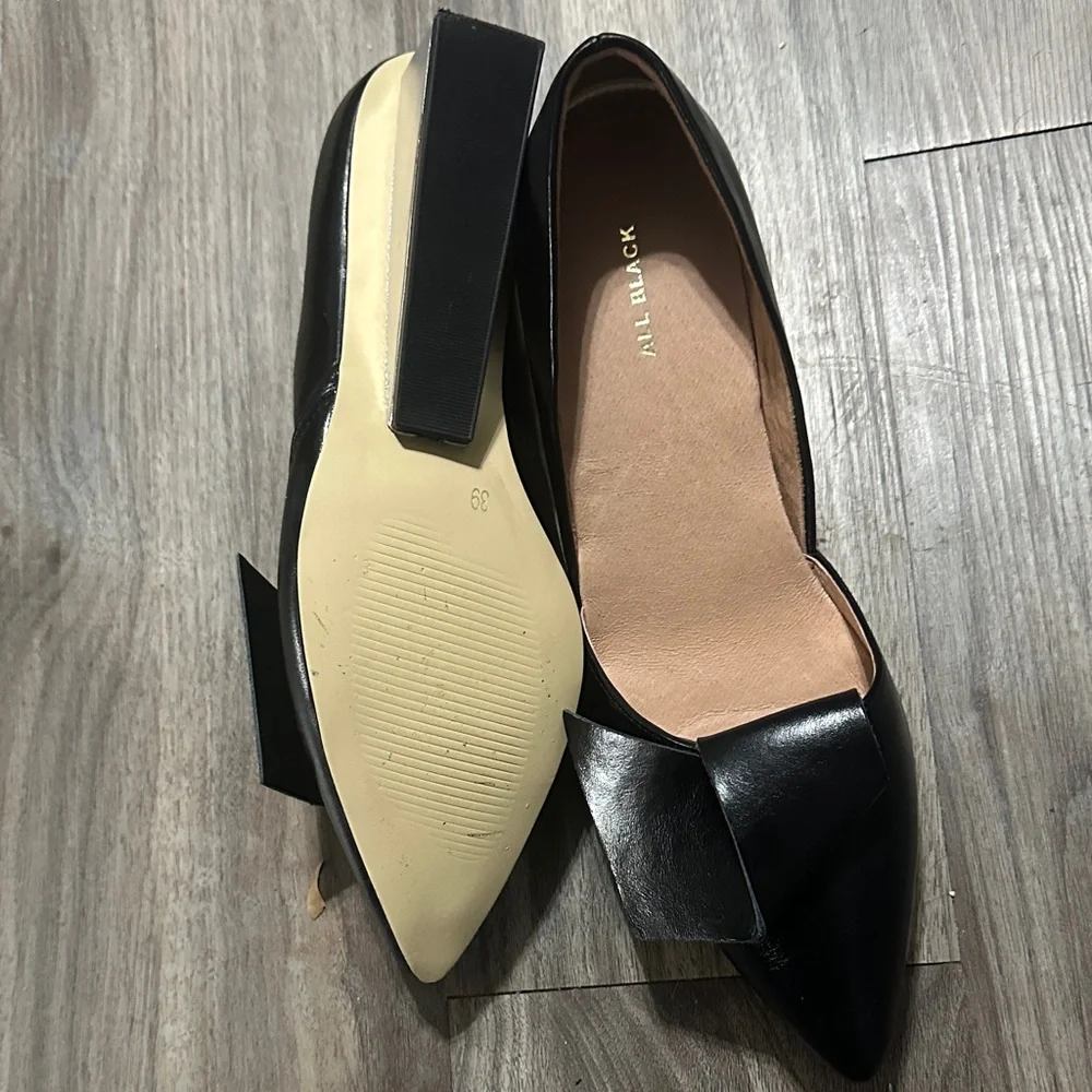 Like New Luxury Black Leather Wedge Heels – Half Bow – $215 Retail.